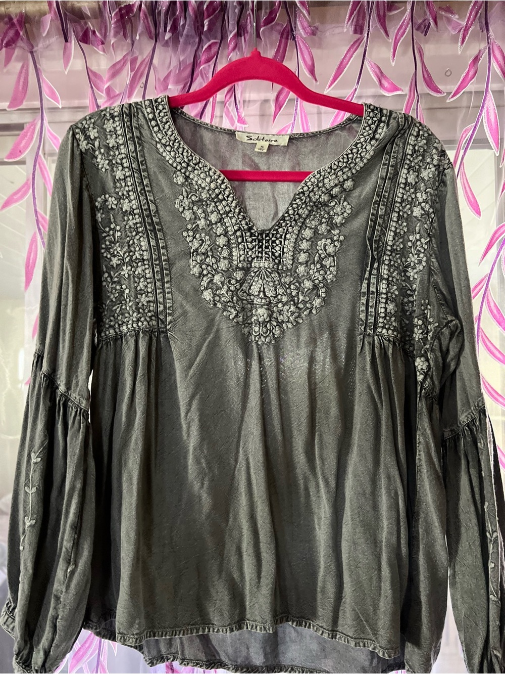 Solitaire Embroidered V-Neck Blouse — Charcoal
